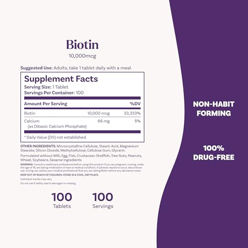 Natrol Beauty Biotin 10,000mcg Vitamins for Beauty, 100 Tablets, 100 Day Supply