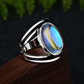 Metmejiao Colorful Moonlight Stone Ring 925 Sterling Silver Rainbow Moonstone Moon Women's Retro Ring Creative Oval Crescent Punk Ring Size 10