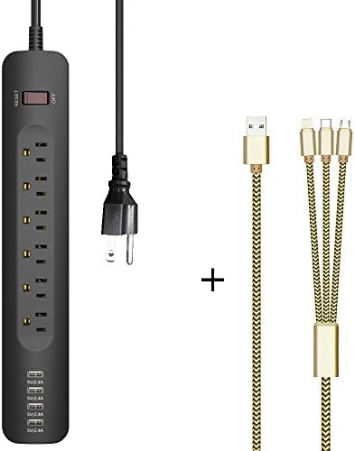 Spacious Surge Protector Power Strip with Smart USB Charging Ports plus a free cable