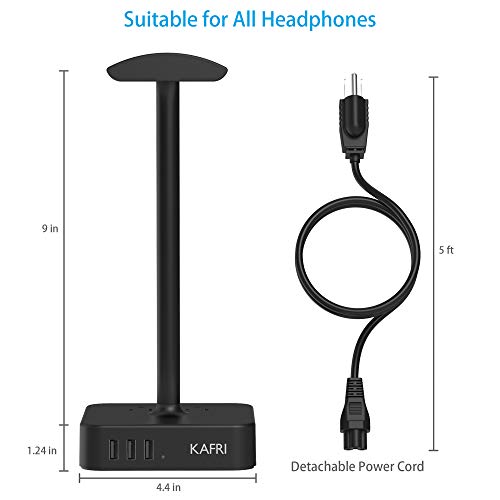 KAFRI Headphone Stand with USB Charger Desk Gaming Headset Holder Hanger Rack with 3 USB Charging Port and 2 AC Outlet - Suitable for Gamer Desktop Table Wireless Earphone Accessories