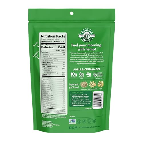 MANITOBA HARVEST SUPERSEED INSTANT OATMEAL, 10G PROTEIN, 4G FIBER AND 8G OMEGA 3 AND 6 PER SERVING FROM HEMP HEARTS, WHOLE GRAIN ROLLED OATS, & FLAX SEED, APPLE & CINNAMON, 9 OUNCE (PACK OF 1)