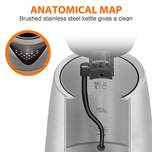 Electric Kettle - Hot Water Kettle 1.7 Liter - Stainless Steel Cordless Tea Kettle 1500W with Auto Shut-off, Boil-Dry Protection