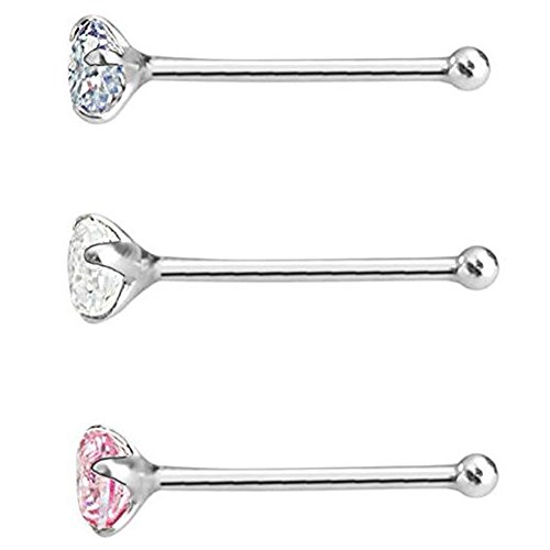 Set of 3 Round Cubic Zirconia Stainless Steel Nose Rings Nose Bone Studs Jewelry Pink Clear Purple 3mm