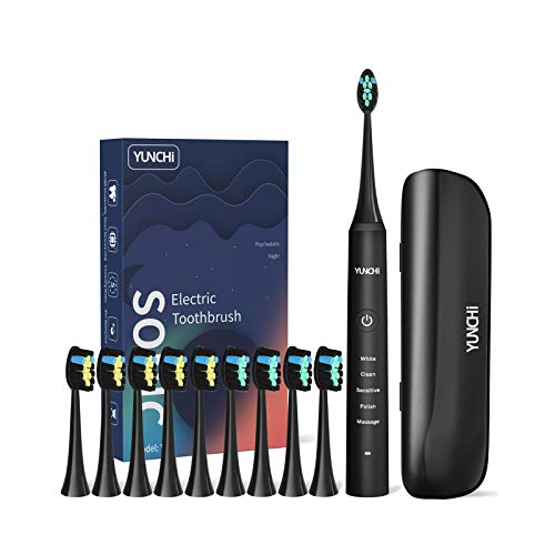 Yunchi Y7 Sonic Electrical Toothbrush, Moveable Ultrasonic Tooth Brush with Timer, 5 Modes, 10 Brush Heads, 45 Days Lengthy Lasting, IPX7 Waterproof for Adults & Youngsters – Black