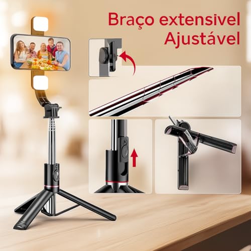 Bastão Pau de Selfie Tripé para Celular com iluminação Bluetooth Controle Remoto Portátil Retrátil para iOS e Android (Preto) H'MASTON