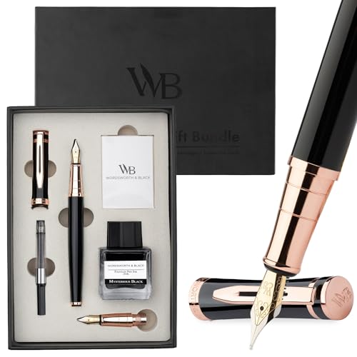 Wordsworth & Black Fountain Pen Set, 18K Gold Plated Medium and Extra Fine Nibs, 25ML Black Bottle, 6 Ink Cartridges, Refill Converter, Smooth Writing [Black and Rose Gold]