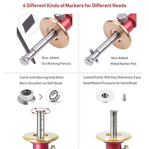 Newkiton Wheel Marking Gauge Plus with Micro Adjust Function, 1 Bearing Wheel Cutter for Soft Wood, 1 Locked Wheel Cutter for Hard Wood, 1 Metal Making Pen, 10 Marking Pencils, 1 Screwdriver Included