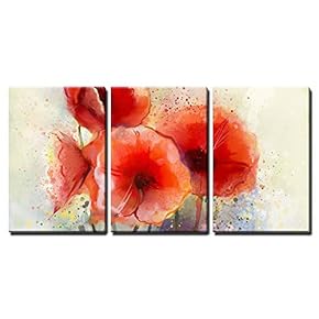 3 Piece Canvas Wall Art - Water Color Red Poppy Flowers Painting - Modern Home Art Stretched and Framed Ready to Hang - 16"x24"x3 Panels
