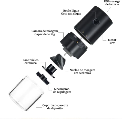 Moedor De Café Elétrico Premium Portátil, Ajustável, Recarregável USB, Com Rebarbas De Cerâmica, Compacto Para Viagens E Escritório Ideal para Espresso, Preto.