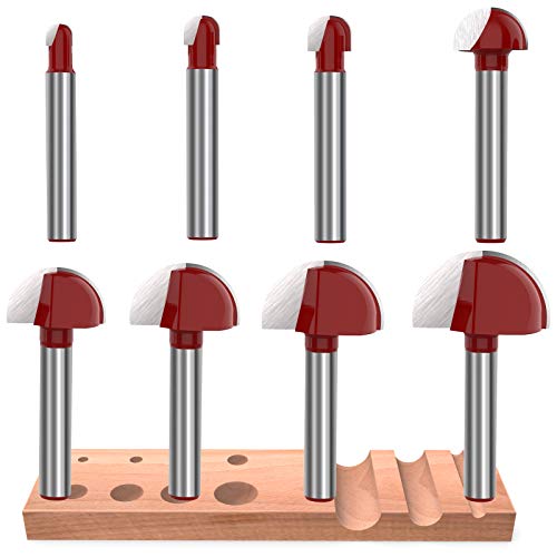 1/4 Inch Shank Cove Box Router Bit - 1/4" 5/16" 3/8" 1/2" 5/8" 3/4" 7/8" 1" Cutting Diameter Solid Carbide Double Flute Core Box Round Nose Woodworking Tool 8 Pcs