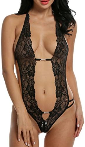 Cralove Women Deep V Halter Lingerie Set Lace Babydoll Mini Bodysuit, Black, Large