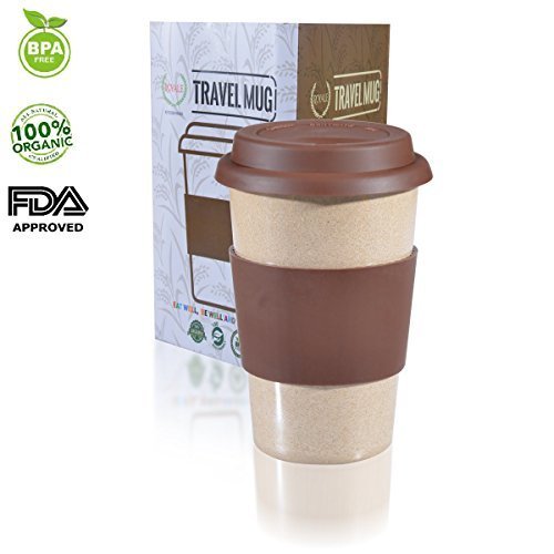 16oz 100% Organic Eco Friendly Reusable Travel Mug, To Go Takeaway Coffee Cup Brown, Biodegradable Material FDA Approved BPA Free, Leak Proof Silicone Lid & Heat Resistant Grip.Free Recipe ebook