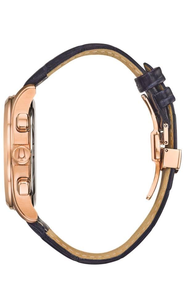 Bulova Men's Classic Wilton 3-Hand Chronograph Watch, Luminous Hands, Roman Numeral Markers Domed Mineral Crystal, 43mm, Blue Strap/ Rose Gold