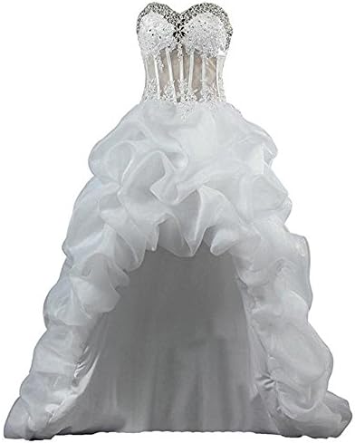 Cloverdresses Women's Sheer High Low Lace Wedding Dresses With Crystals for Bride 2017 Bridal Gowns (20W, white)