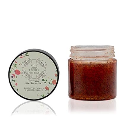 Nyassa Rose and Lychee Face & Body Scrub 30 gm with Rose petal extracts, Jojoba beads and Lychee extracts.No Parabens, Pthalates,Sulphates,Silicons, Petroleum. Vegan.Cruelty free. Floral Fragrance