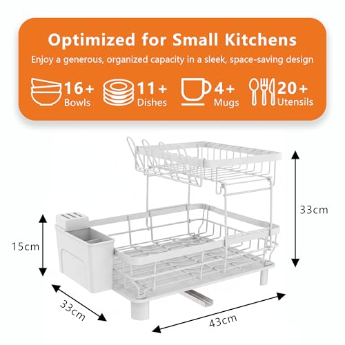 Velvaria Multi-Functional Dish Drying Rack, Large Metal Dish Drainer with Drip Tray and 360° Swivel Spout for Kitchen Counter (White, 2 Tiers)
