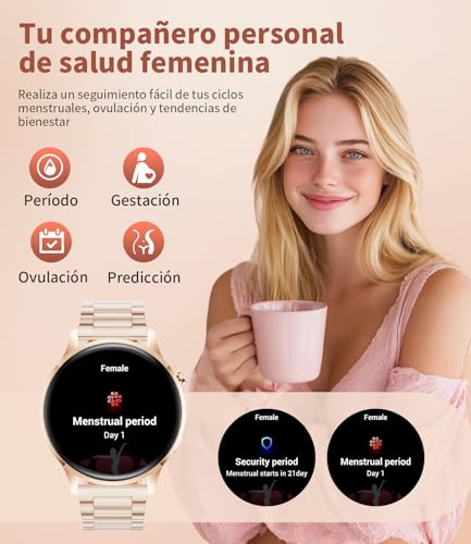 Reloj Inteligente Mujer, 1.32" AMOLED Smart Watch con Llamadas Bluetooth, 120+ Deportes Smartwatch Mujer con 2 Correas, IP68 Waterproof, Sueño, Actividad Calorías Podómetro Android iOS (Oro rosa)