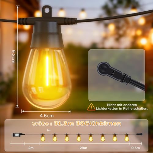 GlobaLink Guinguette String Lights Outdoor and Indoor, 31M 30+2 Energy Saving LED Bulbs Waterproof IP65 String Lights Outdoor Decoration for Summer Garden Patio Party Patio 8 Modes