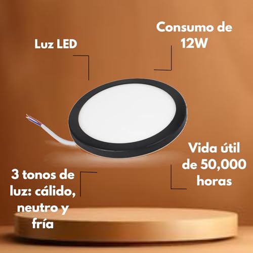 Megaluz S61W12T3 Lampara de techo interior led empotrable 12w, plafones led para techo, diseño ajustable, ahorro de energía 3 Tipos de luz, Luz Calida, Luz Neutral y Luz Fria Negro (10-15 piezas)