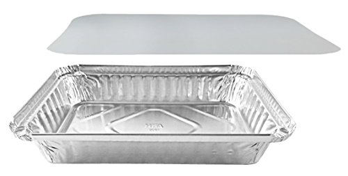Pactogo 1 1/2 lb. Oblong Shallow Aluminum Foil Take-Out Pan with Board Lid Disposable Containers 8.44" x 5.94" x 1.25" (500 Sets)