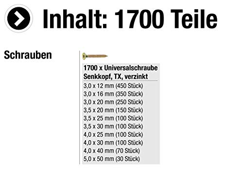 Connex Universalschrauben-Sortiment 1700-teilig - Diverse Größen - Senkkopf - TX-Antrieb - Vollgewinde - Gelb verzinkt… – Bild 4