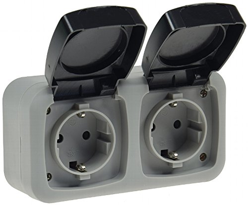 Feuchtraum Steckdose 2x Schuko. Aufputz-Steckdose für 250V/50Hz, max. 16A, IP44. Stabile Doppel-Steckdose Schuko grau…