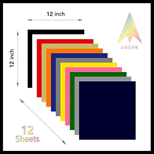 Heat Transfer Vinyl, Iron on HTV Bundle Supplies for T Shirts, Fabric, Clothing - 12" x 12" - 12 Sheets Assorted Colors Works with Cricut, Silhouette Cameoand and Other Cutter Machines