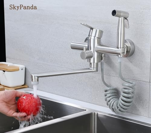 Kitchen Faucet, Wall Mounted, Kitchen Faucet with Spray Gun, 360° Rotatable 23 cm Swivel Hose, Hot and Cold, 4 Working Modes, Brushed Nickel 304