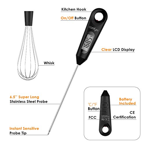 Meat Thermometer, COMFYER 2 In 1 Food Cooking Instant Read Thermometer With Stainless Steel Wire Whisk, 6.5 Inch Probe For Candy BBQ Grill Kitchen Smoker Oven Fry Food Milk Homebrewing