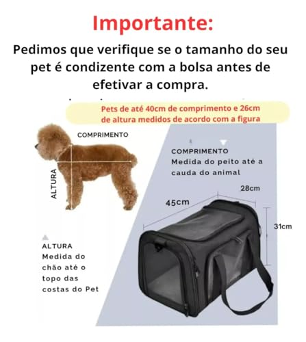 Bolsa de Transporte para Pets Grande em Poliéster com Tela Respirável, Cinza, 45x31x28cm, Aprovada para Avião, com Tapete Almofadado e Alça Ajustável