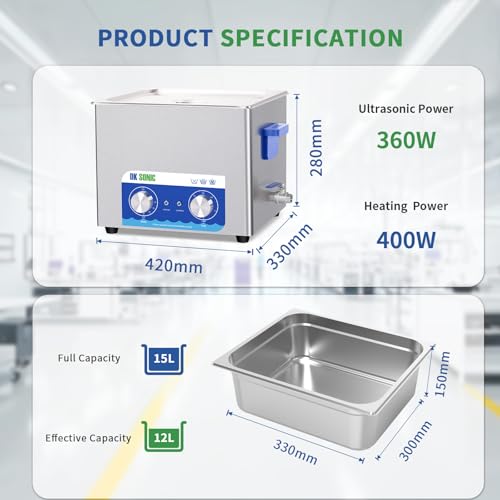 DK SONIC Ultrasonic Cleaner,15L 360W Sonic Cleaner with Heater&Mechanical Timer,Ultrasonic Carburetor Cleaner for Cleaning Gun,Engine,Carburetors,Chains(Include Basket)