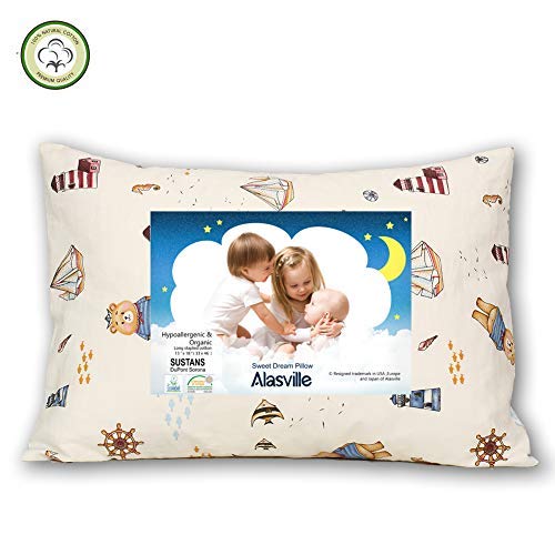 Toddler Pillow with Pillowcase Alasville Hypoallergenic Flat Organic Cotton Shell Washable Baby Pillow 13x18 Soft Yet Supportive Toddler Pillows Nursery Pillows Kid Pillow