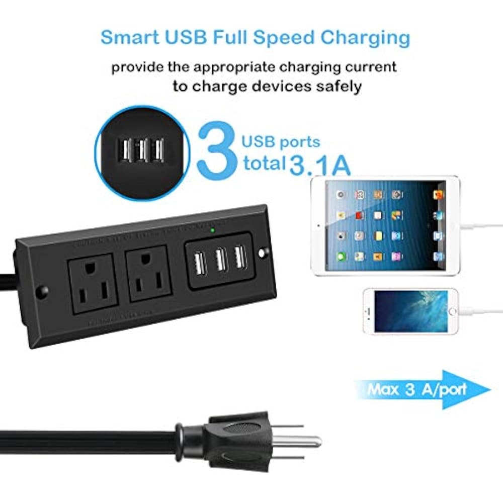 Furniture Recessed Power Strip, Desk Outlet With 3.5A Max USB, In