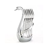 Huluwa Fruit Forks Stainless Dessert Forks Set for Salad Fruit Cake, Set of 7, Swan Base Holder with 6 Forks