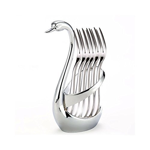 Huluwa Fruit Forks Stainless Dessert Forks Set for Salad Fruit Cake, Set of 7, Swan Base Holder with 6 Forks