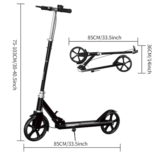 Scooter para Niños de 8 a 12 Años, Adolescentes y Adultos, Scooter Plegable con Campana, Freno de Mano y Altura Ajustable, Capacidad de Peso de 150KG, Perfecto para La escuela, Campus, Paseos