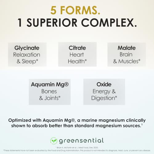 Greensential 5-in-1 Magnesium Complex w/Glycinate | 2-Month Supply | Sleep & Muscle Support, Chelated for Max Absorption, Made in USA, GMP Certified, 2X 3rd Party Tested, 120 Capsules
