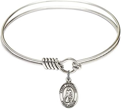 Rhodium Plate Round Eye Hook Twist Bangle Bracelet with Saint Peregrine Laziosi Petite Charm, 6 1/4 Inch
