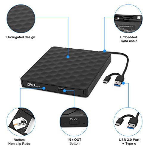 External DVD Drive, USB TypeC 3.0 CD Player Dual Port DVD Burner CD