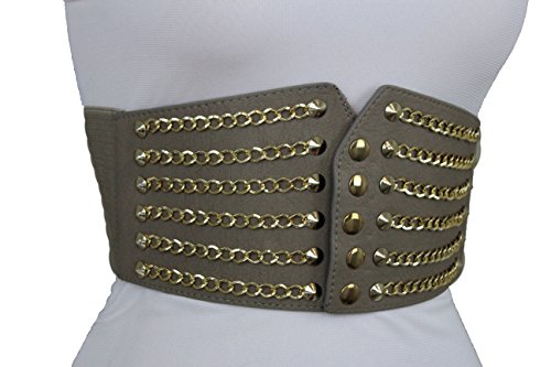 TFJ Women Fashion Corset Belt Wide Waist Gray Faux Leather S M Gold Chains