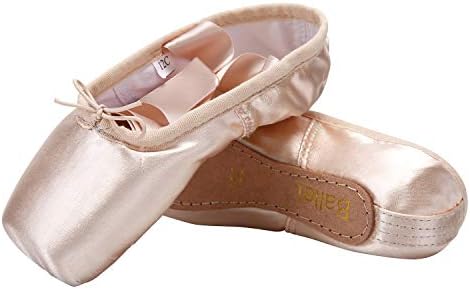 MICHEALWU Girls Dance Shoe Professional Level Pink Satin Ballet Pointe Shoes with Ribbon and Toe Pads