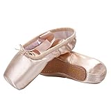 Girls Dance Shoe Professional Level Pink Satin Ballet Pointe Shoes with Ribbon and Toe Pads (US7 (Inner length = 9.44 inch))