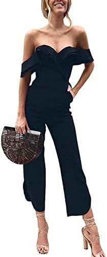 CoCo fashion Women's Backless Off Shoulder Tiered Ruffle High Waist Jumpsuit Romper Split Casual Overall (Black, Medium)