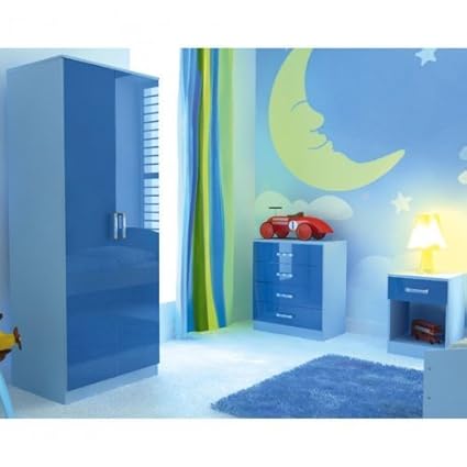Ottawa 3 Piece Blue High Gloss Two Tone Bedroom Set Wardrobe Chest Drawers Bedside Cabinet