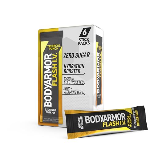 BODYARMOR FLASH IV ELECTROLYTE PACKETS, TROPICAL PUNCH – ZERO SUGAR DRINK MIX, SINGLE SERVE PACKS, COCONUT WATER POWDER (6 COUNT)