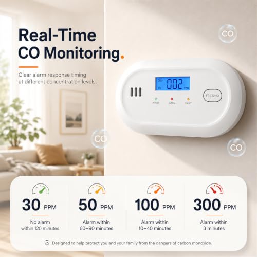 Hapippofa Carbon Monoxide Alarm with Digital Display, Battery Powered CO Detector with Replaceable AA Batteries, 10-Year Sensor Life, 85 dB Alert, EN 50291, for Home & Travel, 1 Pack