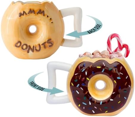 Ceramic Donut Mug - Delicious Chocolate Glaze Doughnut Mug with Sprinkles -  Funny MMM... Donuts!" Quote - Best Cup For Coffee, Tea, and More - Large 14  oz Size - Funny Coffee