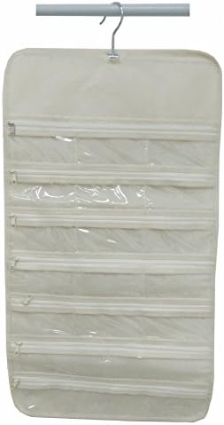 IDecHome Zipper Hanging Jewlery Organizer, Dual Sided Pockets Hooks Non-Woven Storage Bag, White