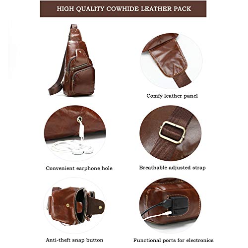 Leather Sling Bag For Men Crossbody Chest Bag Headphones Backpack Outdoor Travel Pack