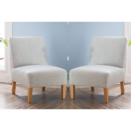 Accent Chair Armless with Blue Flower Fabric for Bedroom Reading Living Room, Modern Slipper Sofa Chair, Mid Century Throne Chair for Wedding, Vanity Chair for Makeup - Set of 2 (Blue Flower)